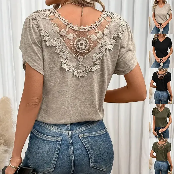 T-shirt femme 2026, nouvelle mode, col en V, double couche, manches courtes à volants, ajouré, vêtements pour femmes