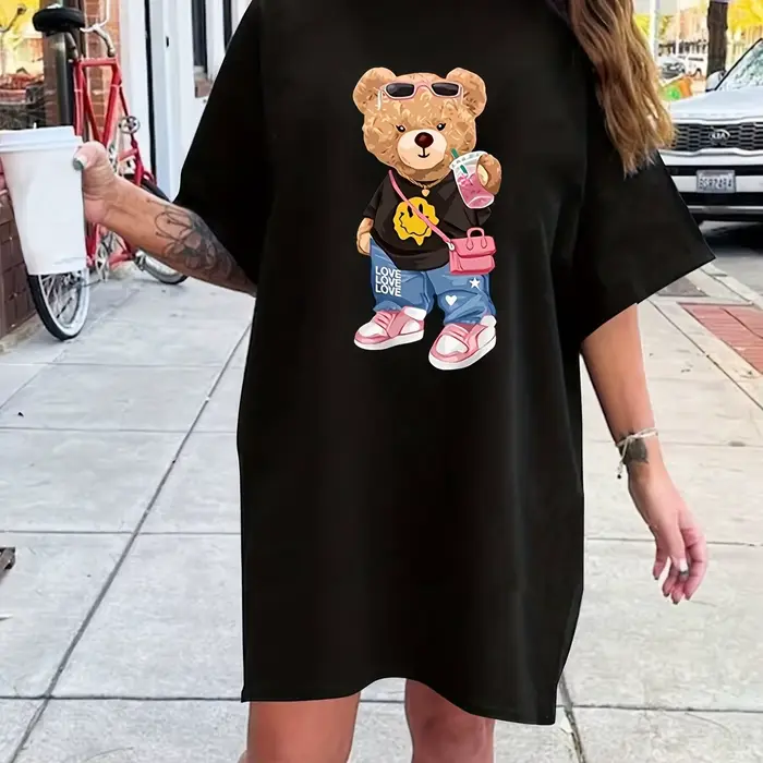 Mini T-shirt à manches courtes et col rond pour femmes, robe longue, mode fille, motif imprimé, surd