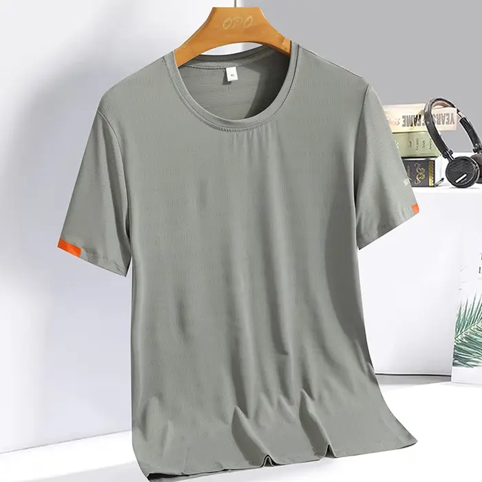 T-shirt d'été en soie glacée pour hommes, sweat-shirt col rond, Simple, costume de course, Fitness,