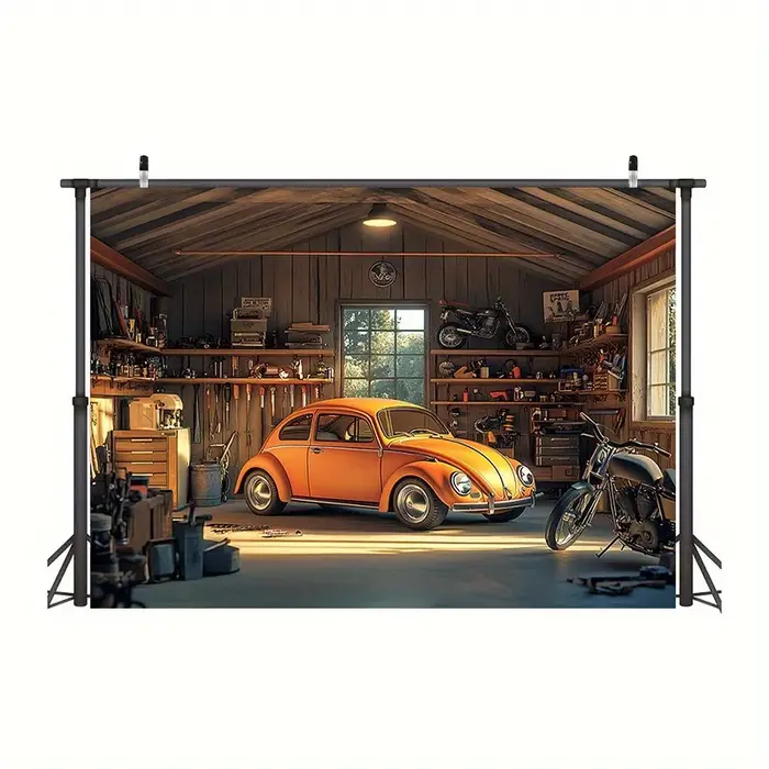 Un fond de garage lumineux avec des designs de voitures et de motos classiques - en matière polyester durable