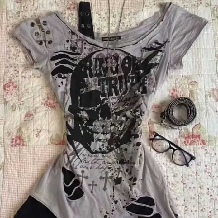 Gothique t-shirts à manches courtes crânes décontracté Punk Hip Hop rue hottie Femme t-shirt graphique t-shirts Vintage vêtements 2000s femmes haut