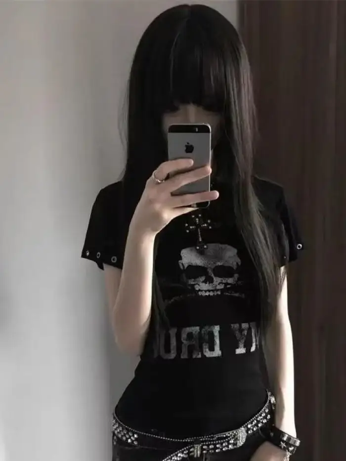 Seeslim Goth Print T-shirt femme manches courtes gothique graphique