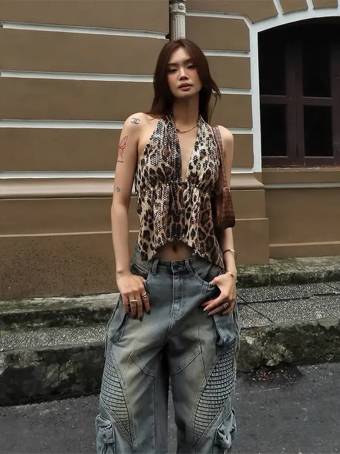 Nibber imprimé léopard paillettes femmes gilet dos nu licou col en v à lacets sans manches rue maigre sauvage été tendance polyvalent hauts