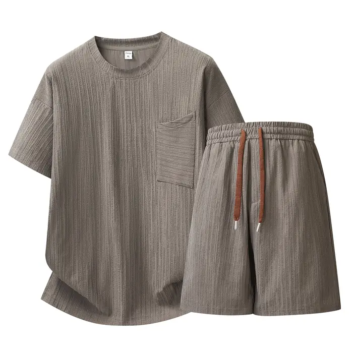 【Top 5-Point Pants】Ensemble T-shirt pour homme, mode d'été, col rond, sport, décontracté, cyclisme,