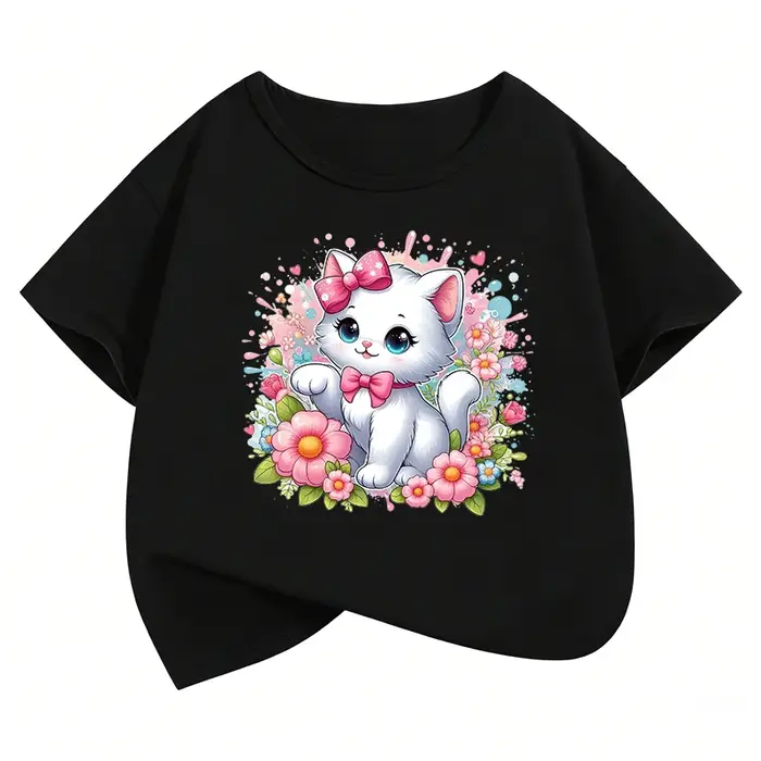 T-shirt imprimé chat avec nœud Kawaii, vêtements d'été pour filles, hauts à manches courtes, vêtemen
