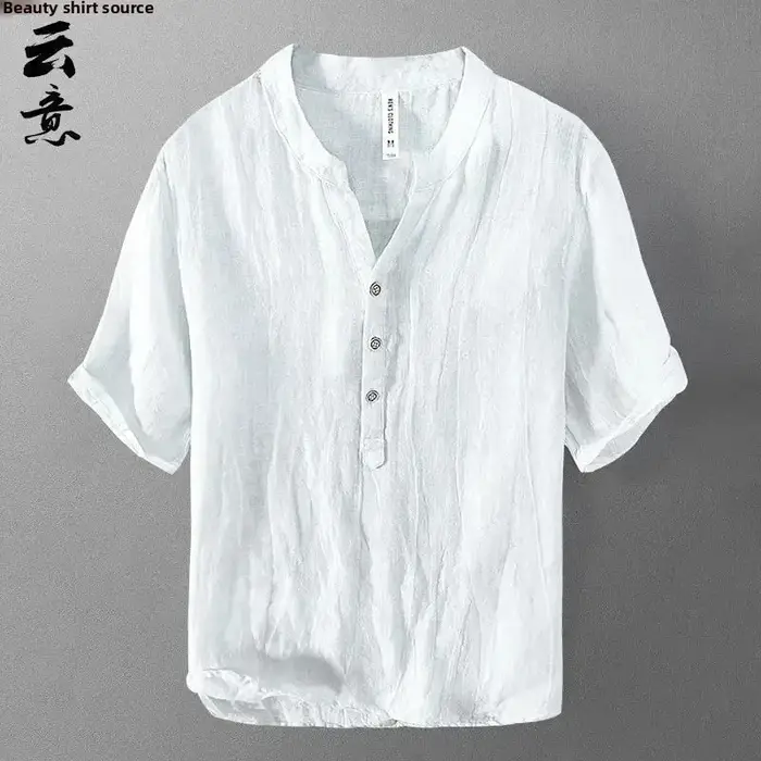 T-shirt en lin pur à manches courtes pour homme – Col en V décontracté, coupe ample et légère, style