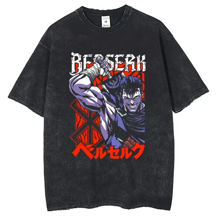 T-shirt Berserk Anime délavé pour homme, style vintage gothique streetwear, t-shirt graphique Haraju