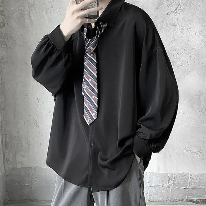 Chemises à manches longues pour hommes de Style coréen cravate noire confortable décontracté solide