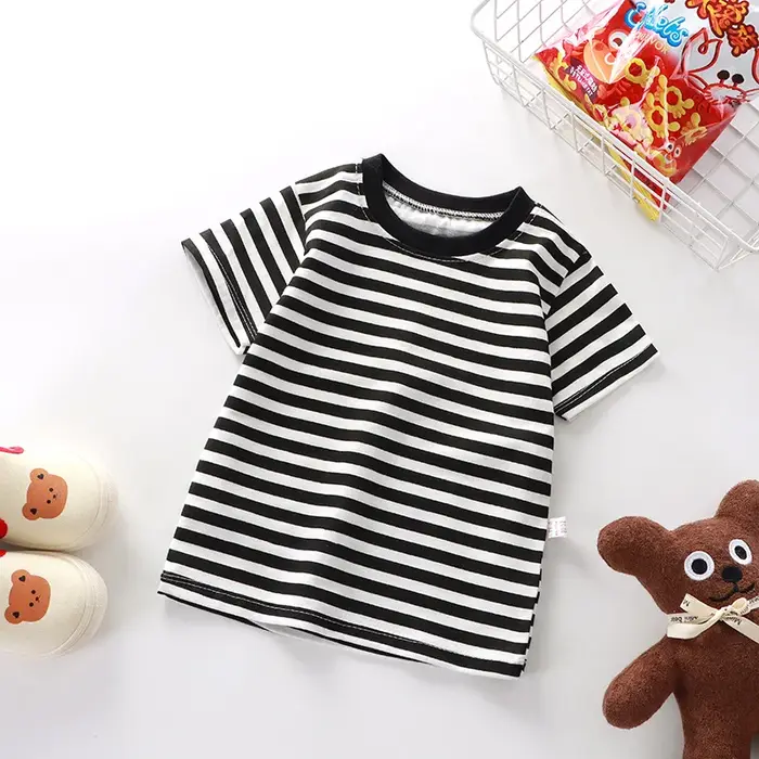 T-shirt rayé 100 % coton pour enfants, garçons, bébés, chemise rouge, hauts en gros pour garçons et