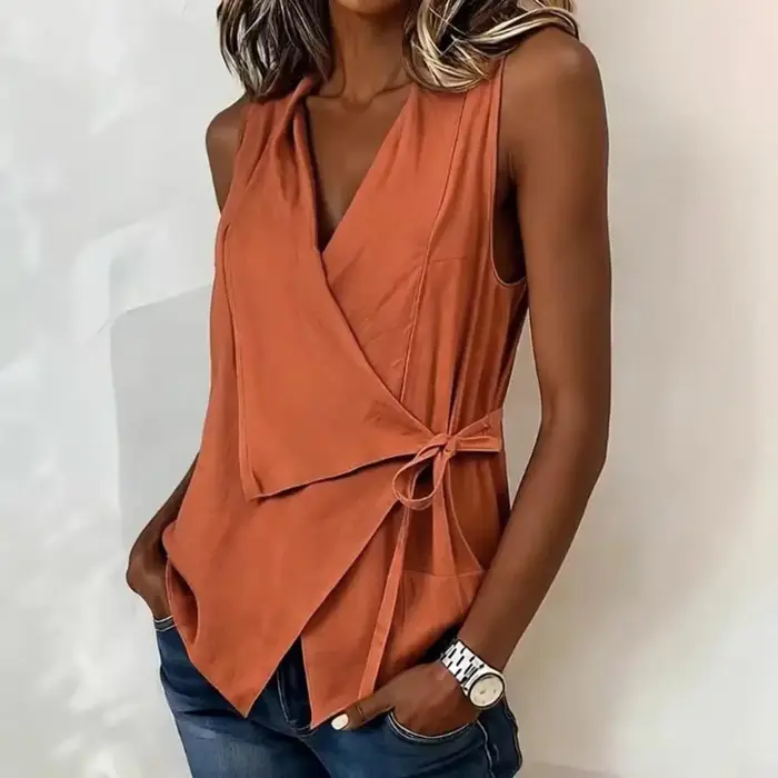 Débardeur Femme Col Revers en V Sans Manches avec Bande Latérale Coupe Classique – Idéal pour le Travail