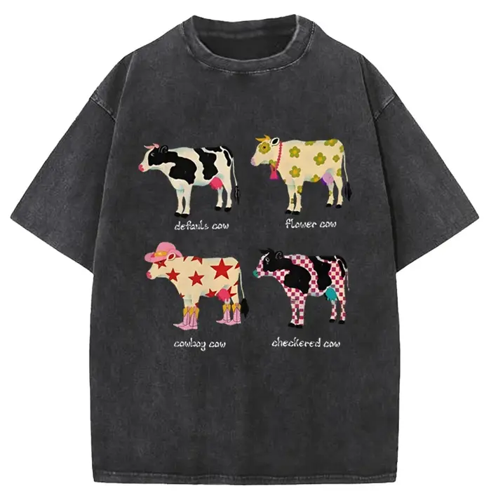 Mode mignon dessin animé vache imprimé T-Shirt pur coton lavé épaule col rond Style neutre tendance nouveau haute qualité manches courtes