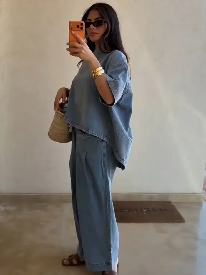 Ensemble pantalon et haut oversize en jean pour femme