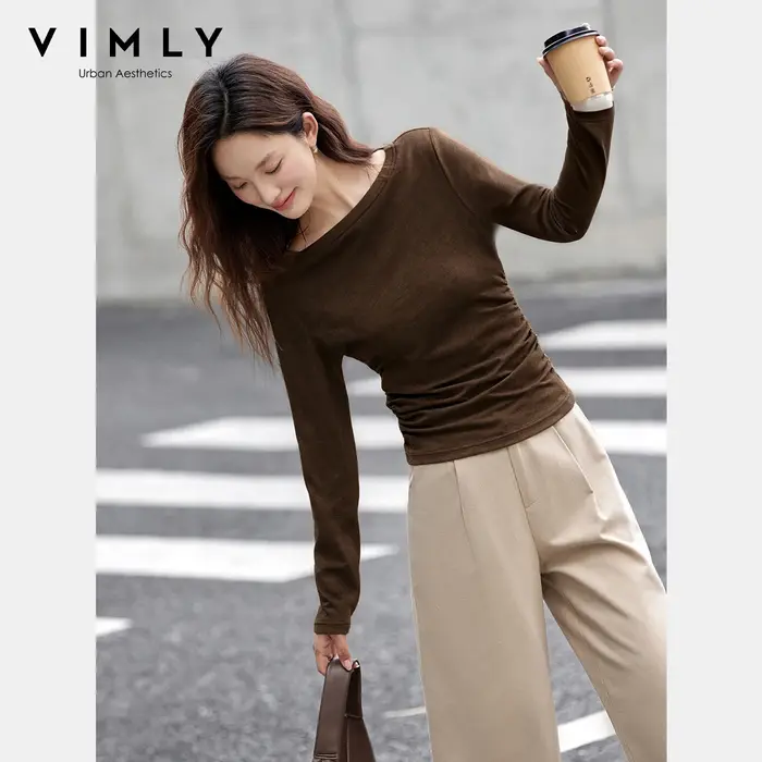 VIMLY Hauts Femme Printemps Automne 2026 Col Bateau Manches Longues T-shirts Décontractés Tricotés Coupe Ajustée Extensibles pour Femmes A3039