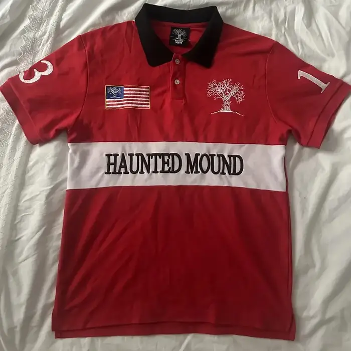 Polo rouge brodé Mound hanté Y2K t-shirt HipHop rétro tête de citrouille lettre brodée surdimensionné haut à manches courtes