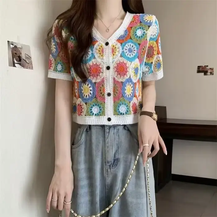 Cranny Rotundity-Haut boutonné au crochet pour femme, cardigan transparent à manches courtes, tenue 