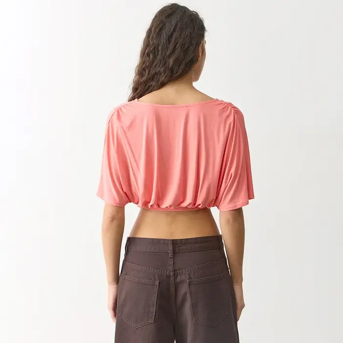 Haut pour femme à manches courtes, col en V, couleur unie, style chauve-souris