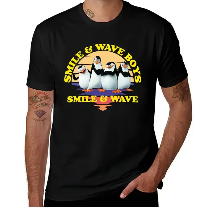 T-Shirt Pingouins de Madagascar pour Homme, Vêtement en Molleton et Vague, Affiche de Texte V3, Figu