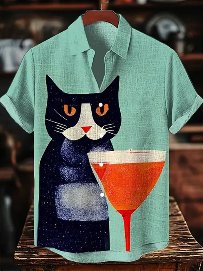 Chemise à manches courtes imprimée sur le thème du chat pour hommes