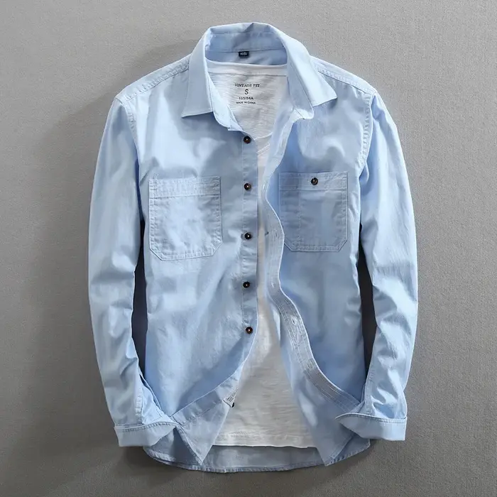 Chemise en jean à manches longues pour homme, en pur coton, coupe ajustée, mode, Denim, vêtements décontractés, haute qualité, deux poches sur la poitrine