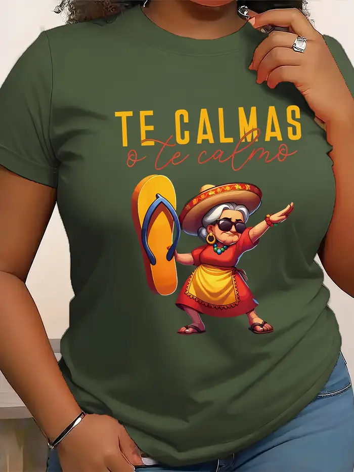 Mexican Mama Print T-Shirt pour femme – Haut décontracté à manches courtes et col rond en tissu tricoté en polyester