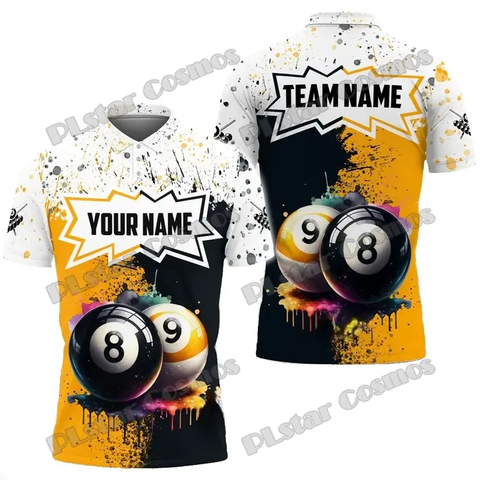 Peinture colorée Splash & Billard Art magique Nom personnalisé 3D Imprimé Polo pour hommes Été Unise