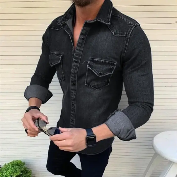 Version coréenne coupe ajustée décontracté mélange de coton à manches longues lavé vieille chemise en jean 2025 nouvelle chemise en jean pour hommes veste à la mode