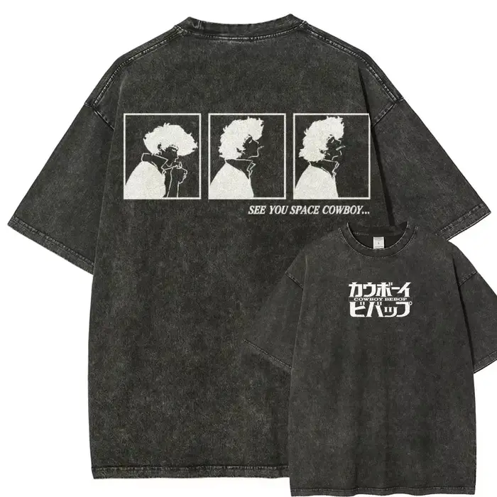 T-shirt d'été 100% coton délavé pour hommes, essentiel, avec motif imprimé Spike Spiegel de la série