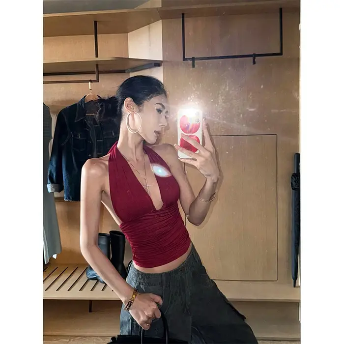 MEXZT Y2K débardeur rouge femmes Streetwear Sexy Gyaru licou dos nu Corset Grunge esthétique col en V Camis été Coquette vêtements