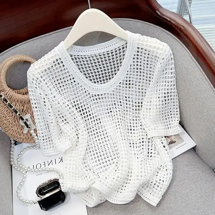 T-shirt en tricot pour femme, été, ajouré, respirant, pull fin, élégant, manches courtes, style coré