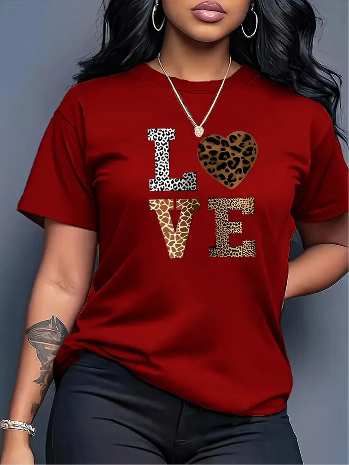 Mode blanc "amour" motif coeur léopard T-shirt-décontracté col rond manches courtes T-shirt style décontracté
