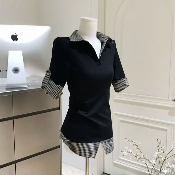 T-shirt coréen Onalippa 2026 nouveau style décontracté à carreaux et patchwork