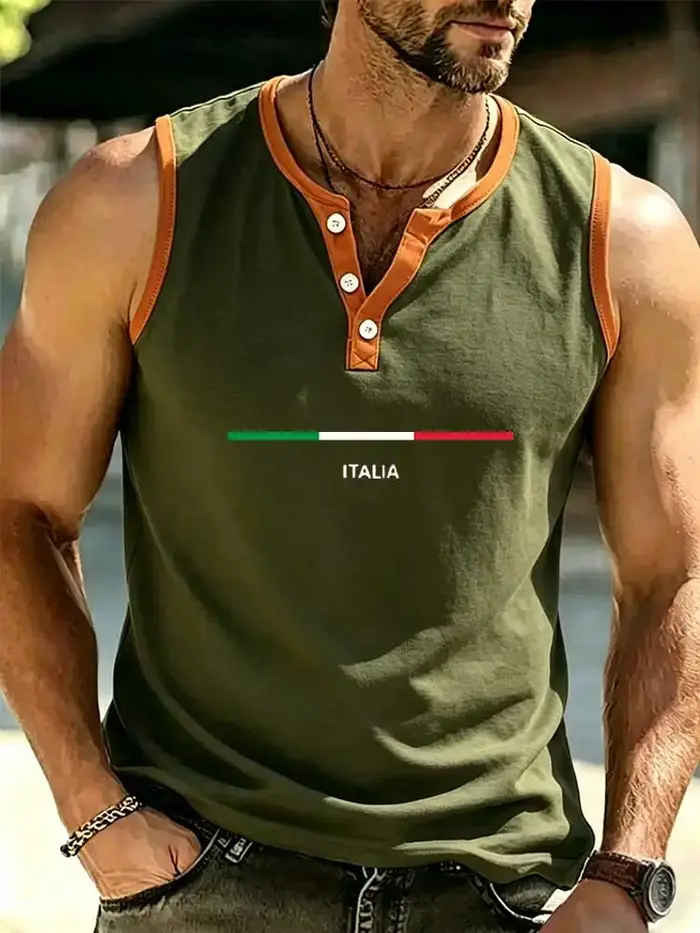 Débardeur Henley Homme à Bordures Contrastantes Imprimé Été Respirant Sans Manches Gilet Musculaire Décontracté Plage Gym Fitness Sous-vêtement