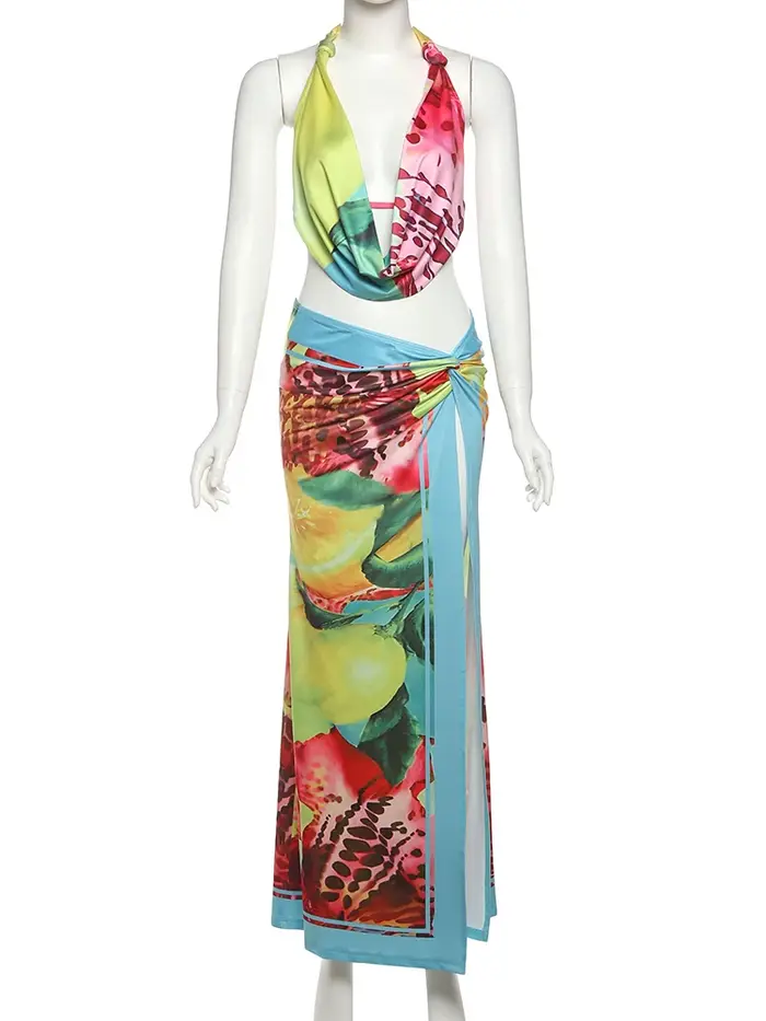 Nibber Sexy Coloré Léopard Femmes 2 Pièce Ensemble Y2K Plage Vacances Halter Débardeurs + Enveloppé