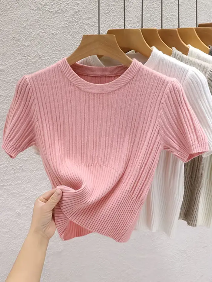 T-shirts d'été 2026 pour femmes – Décontractés, style coréen, tricotés, streetwear, basiques, unis, 