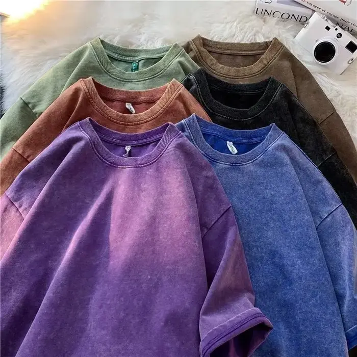 Style américain rétro lourd couleur unie à manches courtes T-shirt hommes femmes été rue à la mode l