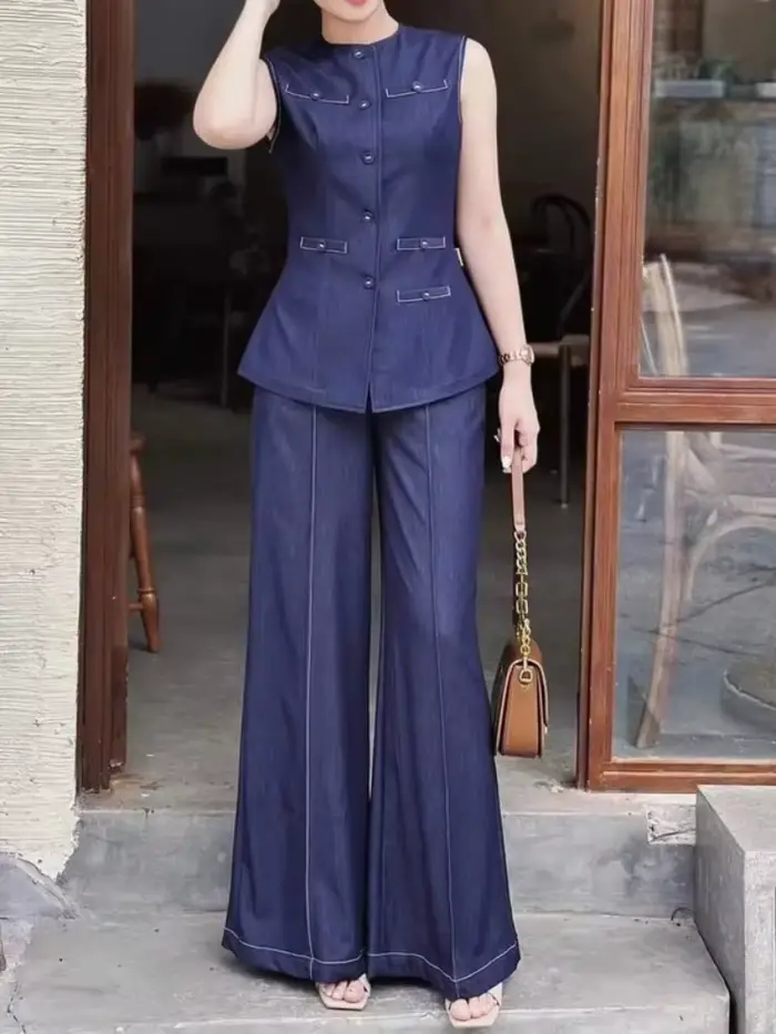 Krisstarsgirl 2025 nouveau chemisier en jean hauts pour femme été bleu élégant boutonné avec poches dessus de chemise