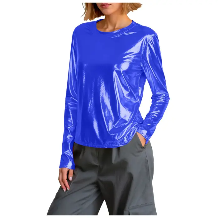 T-shirt Crop Top Brillant et Tendance pour Femme – Col Rond, Manches Longues – Idéal Carnaval, Fêtes