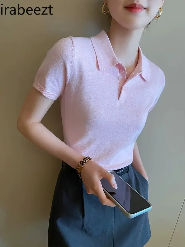 Polo rose tricoté T-shirt haut pour femme chemises à manches courtes 2025 nouvelle chemise printemps été pour femmes vêtements