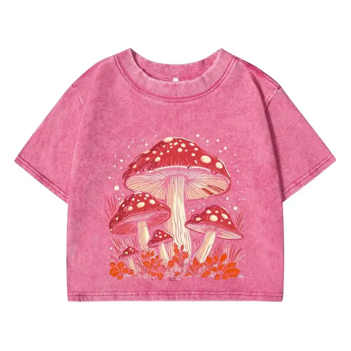 Hauts courts en coton pour femmes, tendance, col rond, T-Shirts délavés en détresse, champignon roug