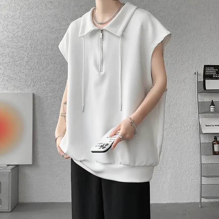 T-shirt sans manches pour hommes, col rabattu, débardeur avec cordon de serrage, Simple, respirant, 