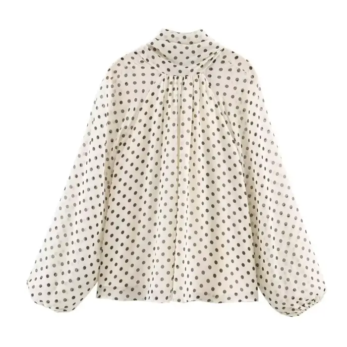 Femmes à pois imprimé Blouse décontracté col haut à manches longues dame
