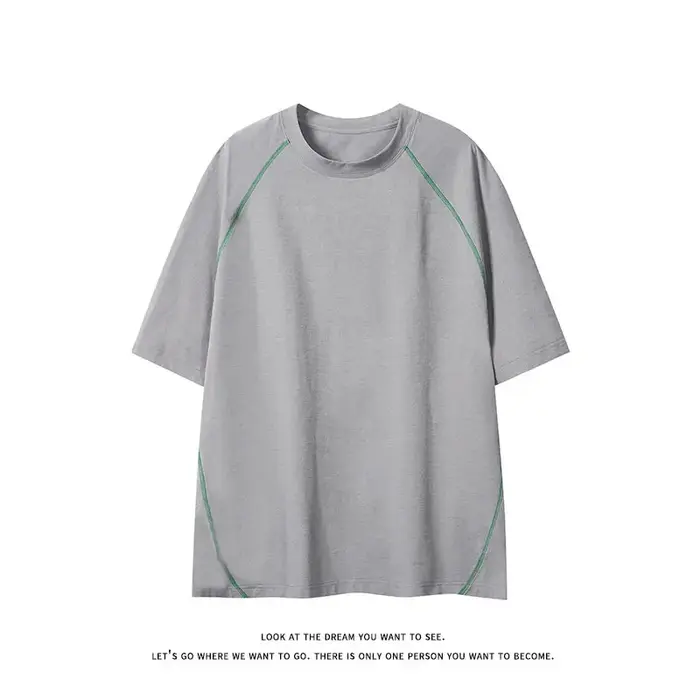 T-shirt homme été tendance ample style vintage américain manches courtes col rond polyvalent couple contrastant surpiqué