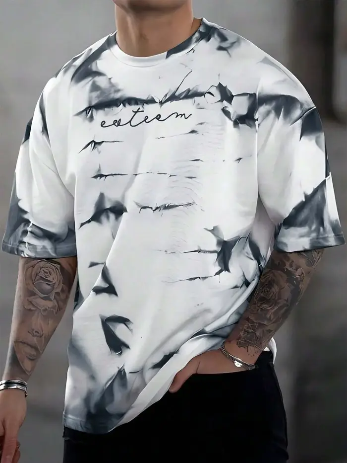 T-shirt à col rond avec imprimé lettres tie-dye