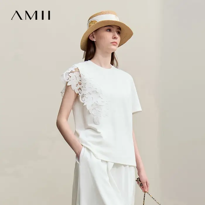 T-shirt Amii 2026 Nouvelle Collection Été Col Rond Coton Anti-Transpiration Dentelle Asymétrique Ample Manches Courtes Pour Femme 12642023