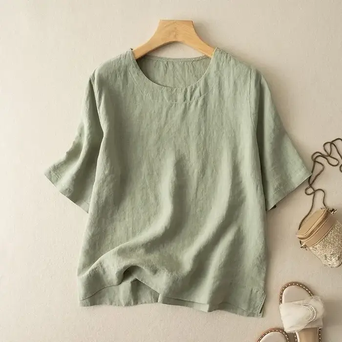 T-shirt à manches courtes en mélange de lin pour femme, décontracté, col rond, haut d'été