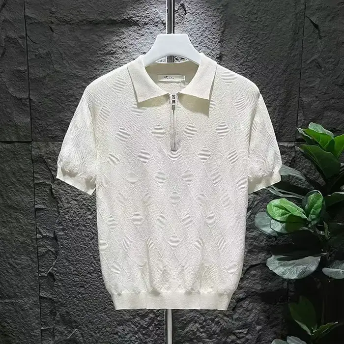 Polo à motif géométrique pour hommes, t-shirts Jacquard, chemises décontractées, monochromatique, t-