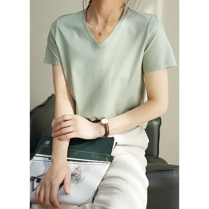 T-shirts d'été en coton mercerisé pour femmes, en soie, col rond, manches courtes, amples et droits,