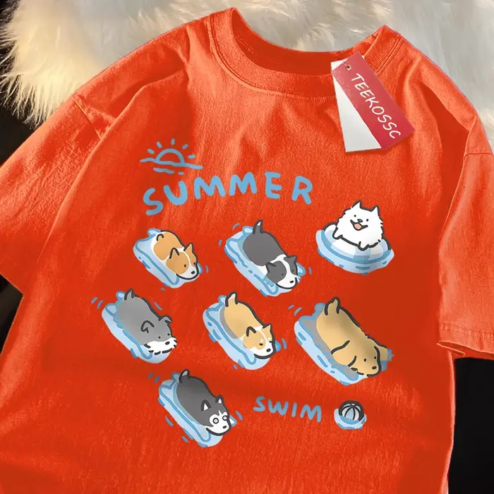 T-shirt de style japonais amusant pour la natation, chat et chien, t-shirts d'été décontractés pour