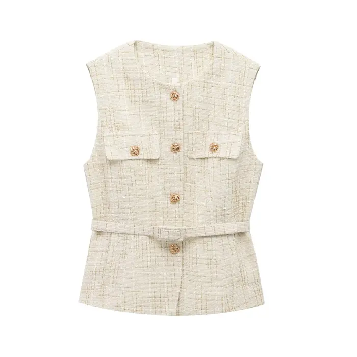 Gilet en Tweed avec ceinture pour femmes, col rond, sans manches, bouton sur le devant, vêtements d'extérieur pour femmes, hauts chics, à la mode