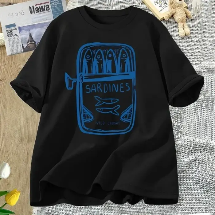 Sardine pêcheur plage imprimé à manches courtes t-shirt décontracté col rond